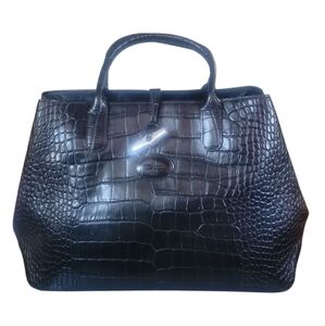 Longchamp Black Croc-Embossed Leather Satchel